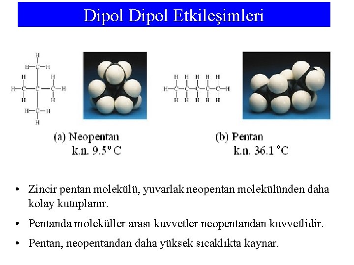 Dipol Etkileşimleri • Zincir pentan molekülü, yuvarlak neopentan molekülünden daha kolay kutuplanır. • Pentanda