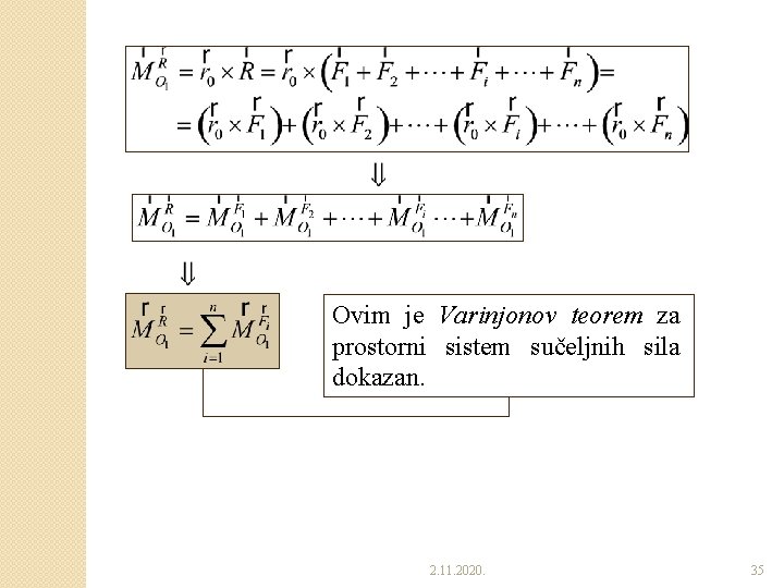 Ovim je Varinjonov teorem za prostorni sistem sučeljnih sila dokazan. 2. 11. 2020. 35