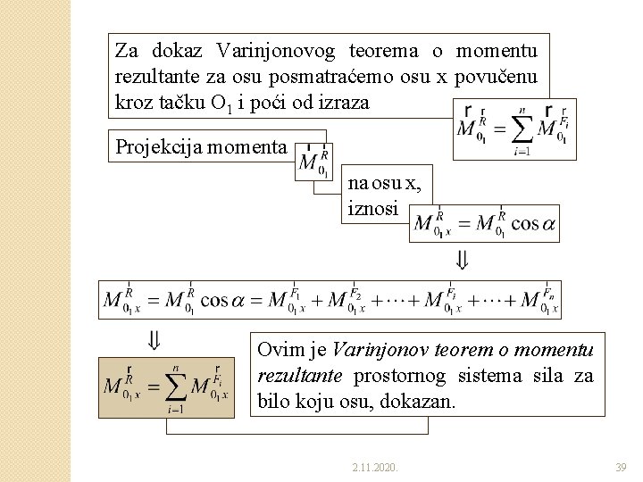 Za dokaz Varinjonovog teorema o momentu rezultante za osu posmatraćemo osu x povučenu kroz