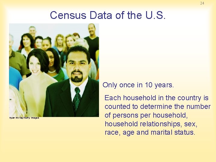 24 Census Data of the U. S. Only once in 10 years. Ryan Mc.