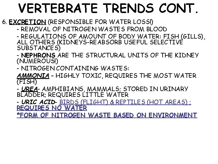 VERTEBRATE TRENDS CONT. 6. EXCRETION (RESPONSIBLE FOR WATER LOSS!) - REMOVAL OF NITROGEN WASTES