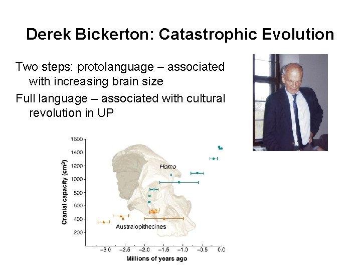 Derek Bickerton: Catastrophic Evolution Two steps: protolanguage – associated with increasing brain size Full