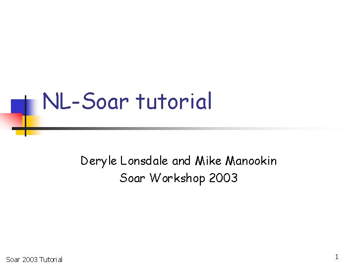 NL-Soar tutorial Deryle Lonsdale and Mike Manookin Soar Workshop 2003 Soar 2003 Tutorial 1