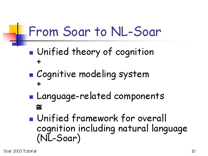 From Soar to NL-Soar n n Soar 2003 Tutorial Unified theory of cognition +