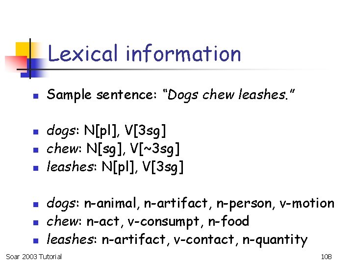 Lexical information n n n Sample sentence: “Dogs chew leashes. ” dogs: N[pl], V[3