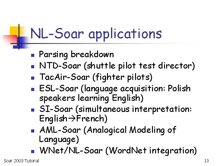 NL-Soar applications n n n n Soar 2003 Tutorial Parsing breakdown NTD-Soar (shuttle pilot