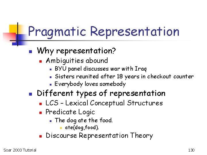 Pragmatic Representation n Why representation? n Ambiguities abound n n BYU panel discusses war