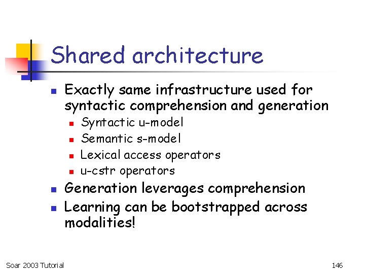 Shared architecture n Exactly same infrastructure used for syntactic comprehension and generation n n