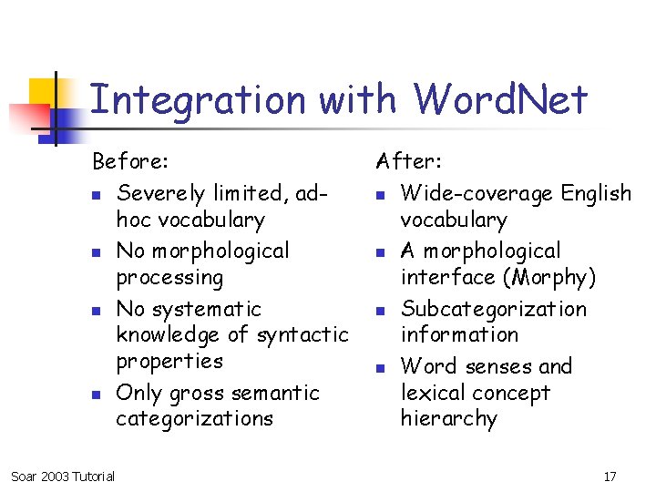 Integration with Word. Net Before: n Severely limited, adhoc vocabulary n No morphological processing