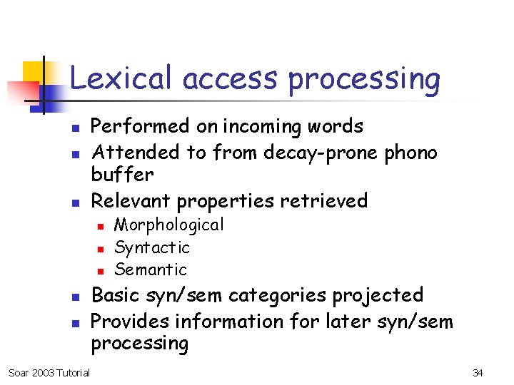 Lexical access processing n n n Performed on incoming words Attended to from decay-prone