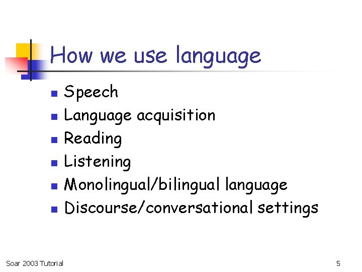 How we use language n n n Soar 2003 Tutorial Speech Language acquisition Reading