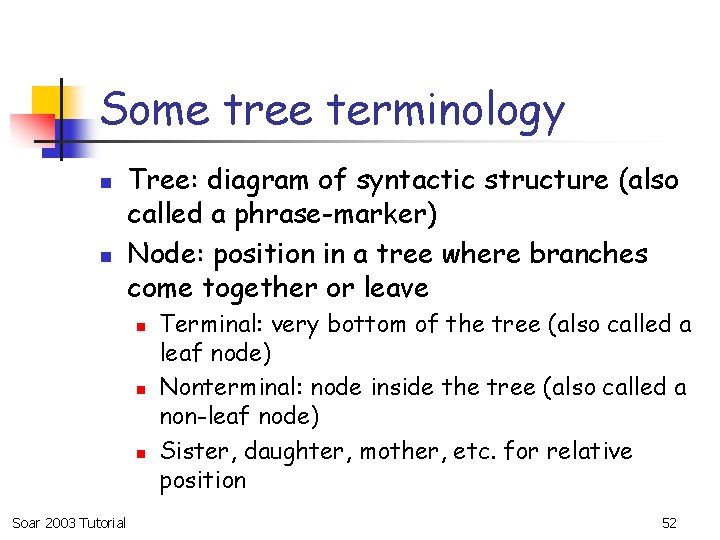 Some tree terminology n n Tree: diagram of syntactic structure (also called a phrase-marker)