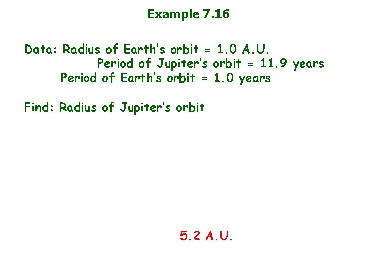 Example 7. 16 Data: Radius of Earth’s orbit = 1. 0 A. U. Period