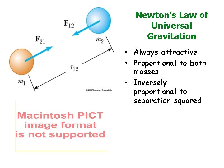 Newton’s Law of Universal Gravitation • Always attractive • Proportional to both masses •