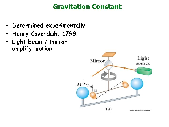 Gravitation Constant • Determined experimentally • Henry Cavendish, 1798 • Light beam / mirror