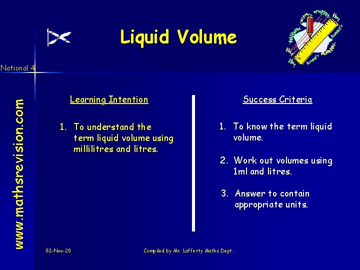 Liquid Volume www. mathsrevision. com National 4 Learning Intention 1. To understand the term