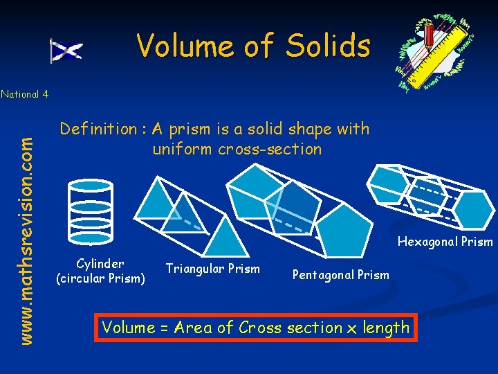Volume of Solids www. mathsrevision. com National 4 Definition : A prism is a