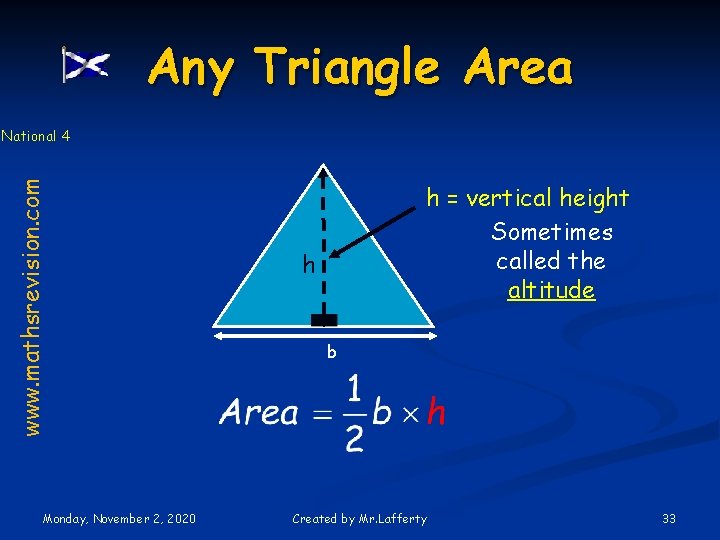 Any Triangle Area www. mathsrevision. com National 4 Monday, November 2, 2020 h =