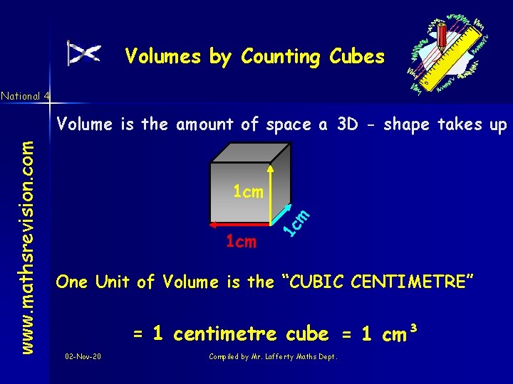 Volumes by Counting Cubes National 4 m 1 cm 1 c www. mathsrevision. com