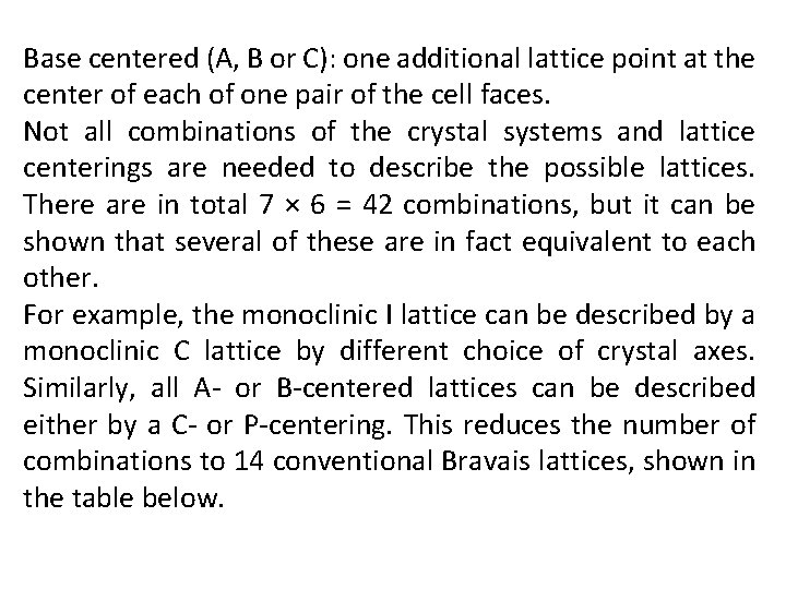 Base centered (A, B or C): one additional lattice point at the center of Base centered (A, B or C): one additional lattice point at the center of