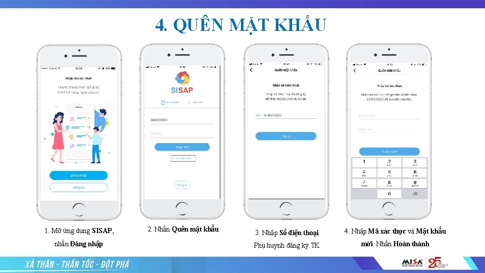 4. QUÊN MẬT KHẨU 1. Mở ứng dụng SISAP, nhấn Đăng nhập 2. Nhấn