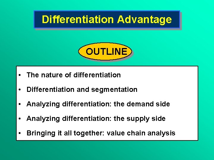Differentiation Advantage OUTLINE • The nature of differentiation • Differentiation and segmentation • Analyzing
