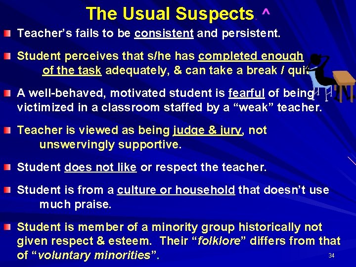 The Usual Suspects. ^ Teacher’s fails to be consistent and persistent. Student perceives that