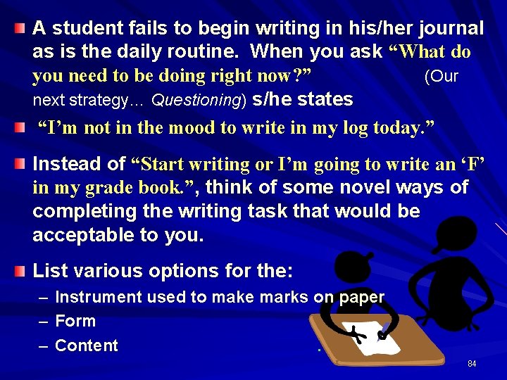 A student fails to begin writing in his/her journal as is the daily routine.