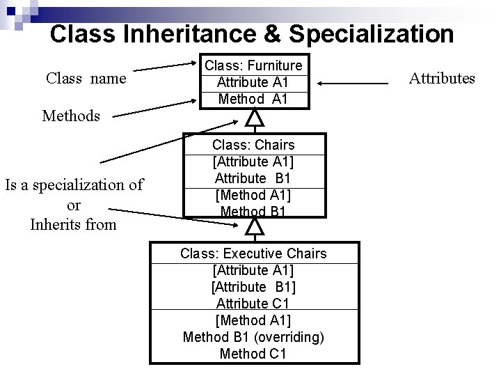 Class Inheritance & Specialization Class name Methods Is a specialization of or Inherits from
