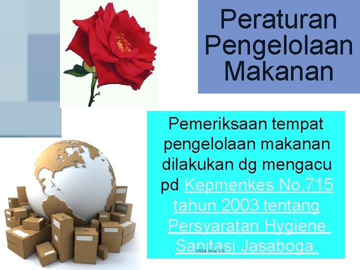 Peraturan Pengelolaan Makanan Pemeriksaan tempat pengelolaan makanan dilakukan dg mengacu pd Kepmenkes No. 715