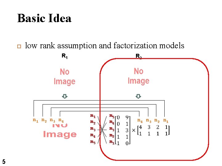 Basic Idea 5 low rank assumption and factorization models R 1 m 1 m Basic Idea 5 low rank assumption and factorization models R 1 m 1 m
