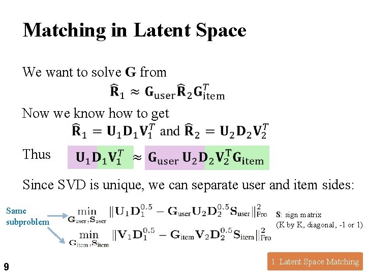 Matching in Latent Space 9 We want to solve G from Now we know Matching in Latent Space 9 We want to solve G from Now we know