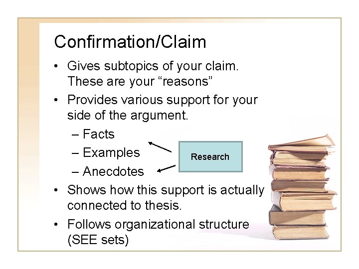 Confirmation/Claim • Gives subtopics of your claim. These are your “reasons” • Provides various