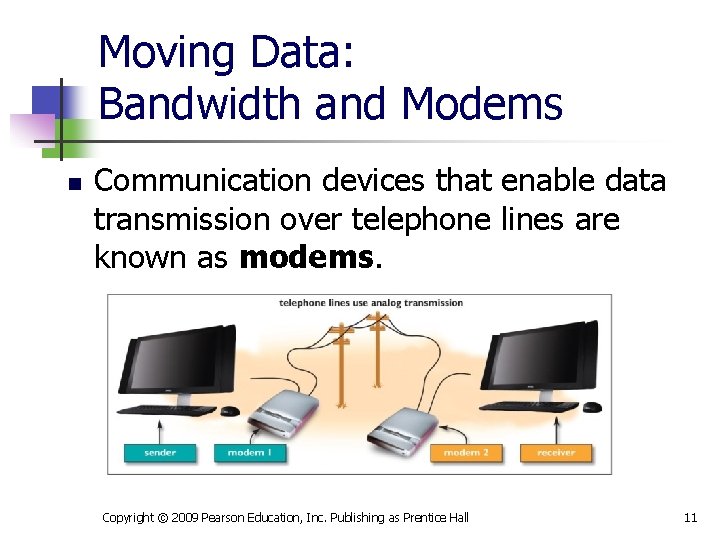 Moving Data: Bandwidth and Modems n Communication devices that enable data transmission over telephone