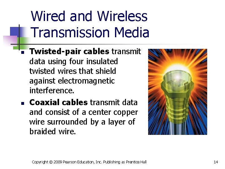 Wired and Wireless Transmission Media n n Twisted-pair cables transmit data using four insulated