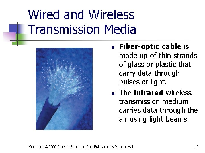 Wired and Wireless Transmission Media n n Fiber-optic cable is made up of thin