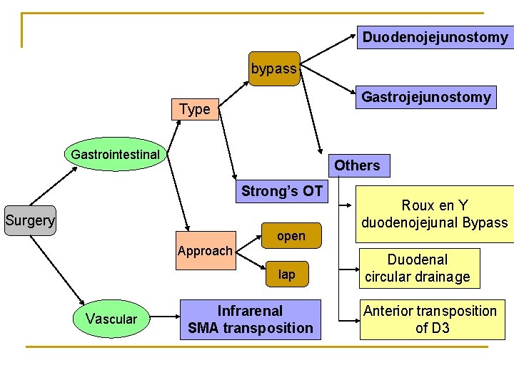Duodenojejunostomy bypass Gastrojejunostomy Type Gastrointestinal Others Strong’s OT Surgery open Approach lap Vascular Infrarenal Duodenojejunostomy bypass Gastrojejunostomy Type Gastrointestinal Others Strong’s OT Surgery open Approach lap Vascular Infrarenal