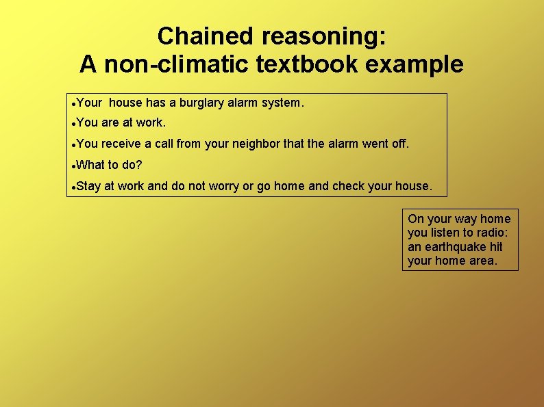 Chained reasoning: A non-climatic textbook example Your house has a burglary alarm system. You