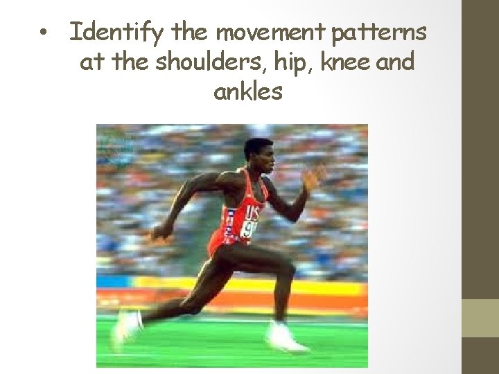  • Identify the movement patterns at the shoulders, hip, knee and ankles 