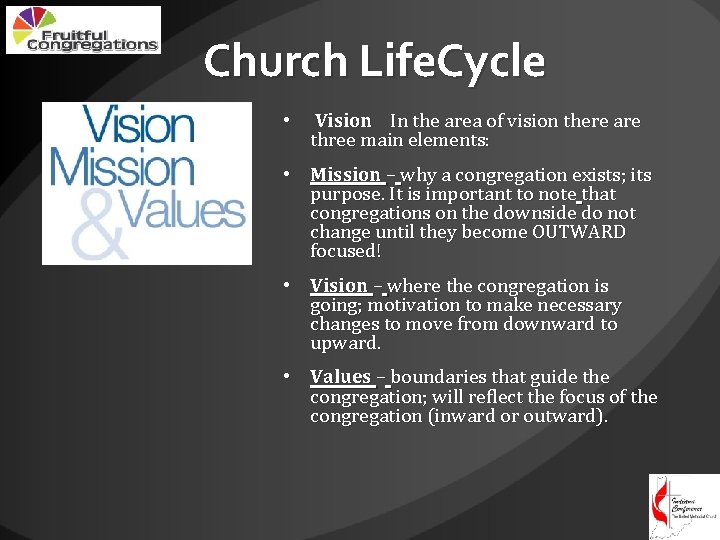 Church Life. Cycle • Vision In the area of vision there are three main