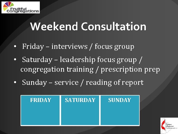 Weekend Consultation • Friday – interviews / focus group • Saturday – leadership focus