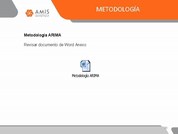 METODOLOGÍA Metodología ARIMA Revisar documento de Word Anexo 33 