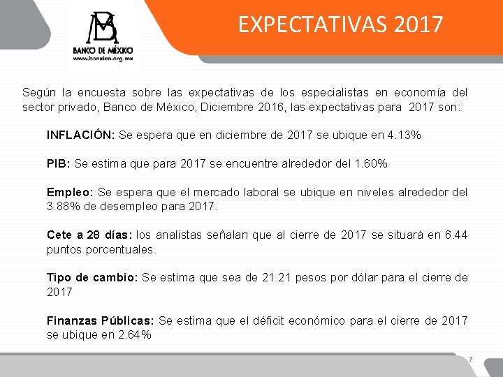 EXPECTATIVAS 2017 Según la encuesta sobre las expectativas de los especialistas en economía del