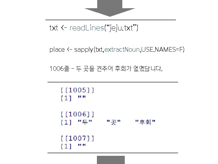txt <- read. Lines(“jeju. txt”) place <- sapply(txt, extract. Noun, USE. NAMES=F) 1006줄 -