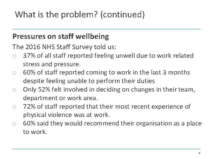 What is the problem? (continued) Pressures on staff wellbeing The 2016 NHS Staff Survey