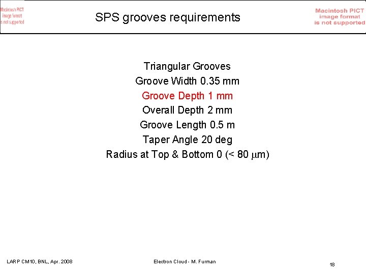 SPS grooves requirements Triangular Grooves Groove Width 0. 35 mm Groove Depth 1 mm