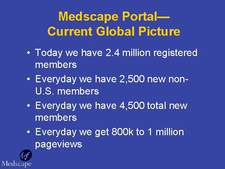 Medscape Portal— Current Global Picture • Today we have 2. 4 million registered members