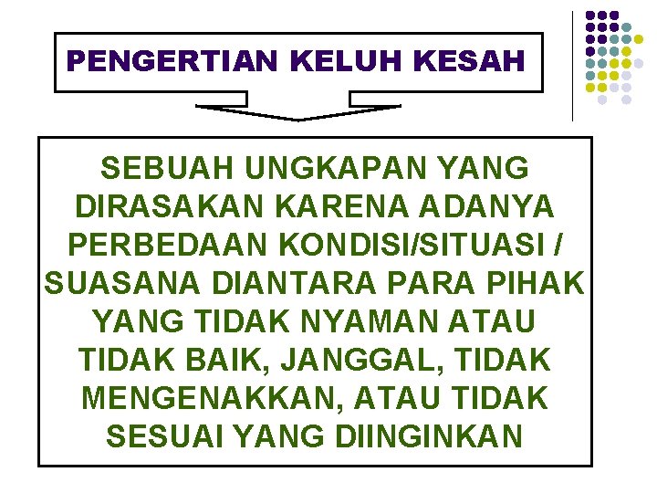 PENGERTIAN KELUH KESAH SEBUAH UNGKAPAN YANG DIRASAKAN KARENA ADANYA PERBEDAAN KONDISI/SITUASI / SUASANA DIANTARA