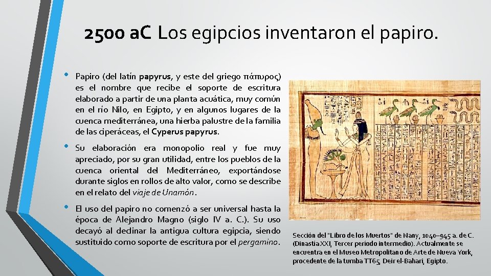 2500 a. C Los egipcios inventaron el papiro. • Papiro (del latín papyrus, y