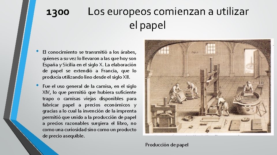 1300 Los europeos comienzan a utilizar el papel • El conocimiento se transmitió a